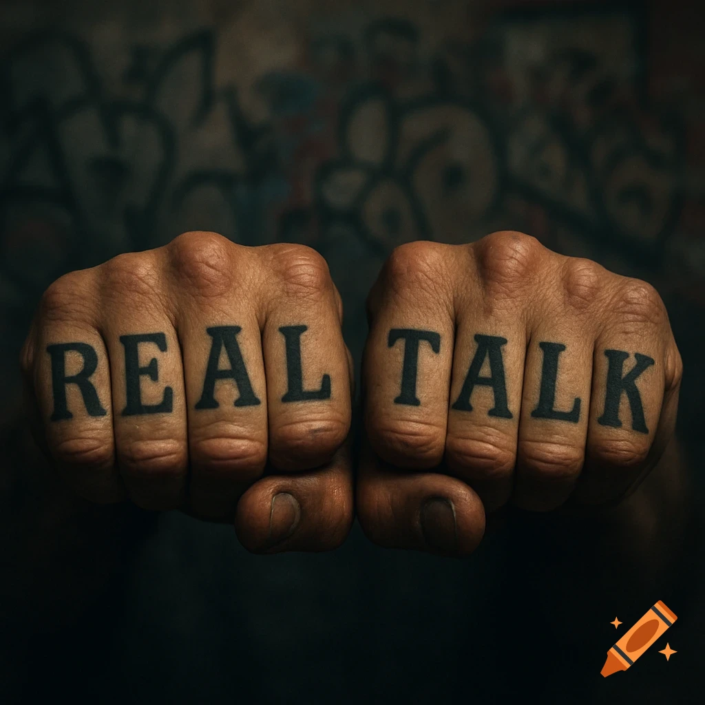 Close-up of two clenched fists with the words REAL TALK tattooed across the knuckles, set against a blurry graffiti background.