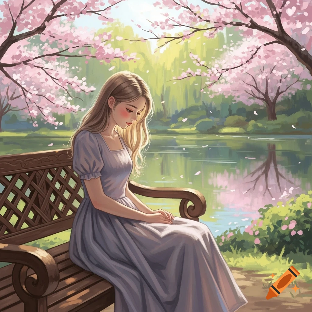 Anime girl sitting on a park bench surrounded by pink cherry blossoms and a tranquil lake.