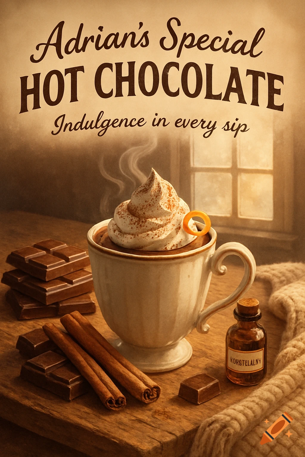A vintage-style advertisement for "Adrian's Special Hot Chocolate" with whipped cream, an orange peel, chocolate bars, and cinnamon sticks on a wooden table, in a warm, cozy setting.