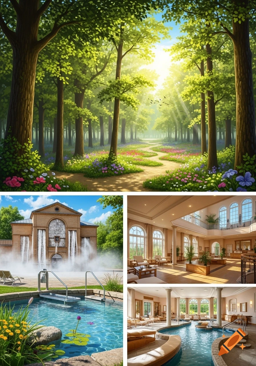 Collage of a sunny forest path, a spa building with fountains and outdoor pool, and luxurious indoor spa lounges with pools.