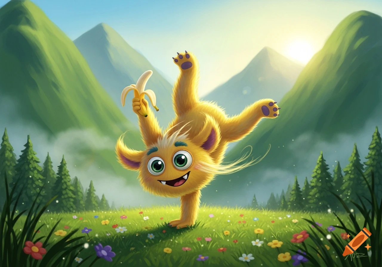A cute, fluffy yellow monster does a handstand while holding a banana in a vibrant flower field with green mountains and a sunny sky.