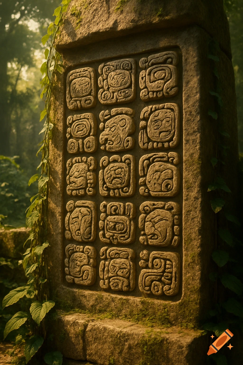 Photorealistic ancient stone monument with pseudo-Mayan hieroglyphs and vines, in a sunlit jungle.