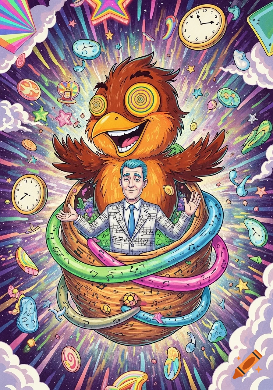 Vibrant psychedelic cartoon of a happy brown bird with swirl eyes, a man in a sheet music suit in its body, surrounded by musical notes, clocks, and stars.