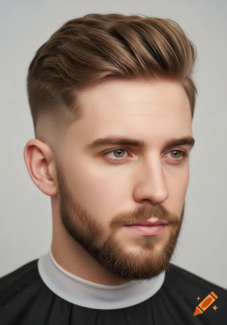 Photorealistic portrait of a young man with a textured quiff hairstyle and a neatly trimmed brown beard, wearing a barber's cape.