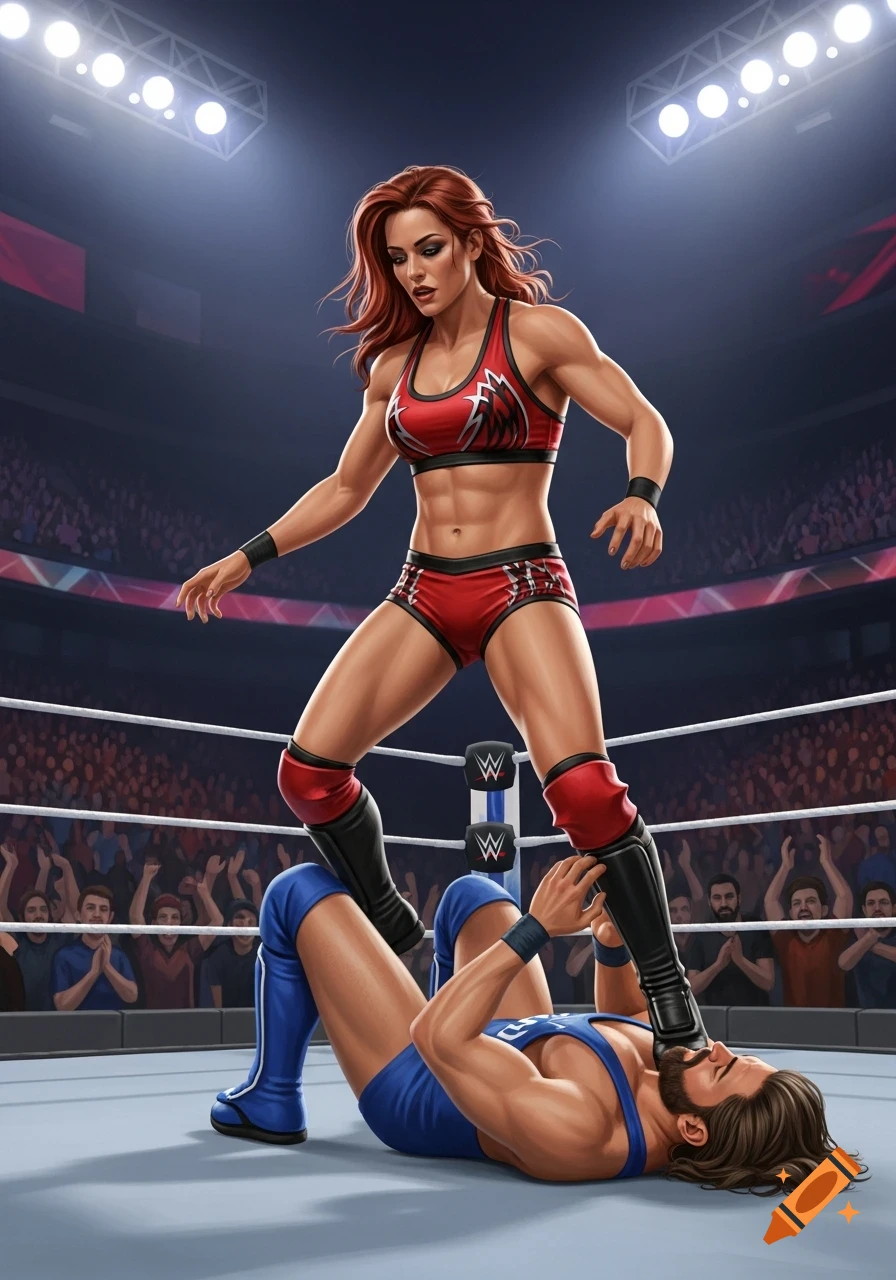 An illustration shows a muscular female wrestler in red standing over a male wrestler in blue, pinned on the mat in a wrestling ring.