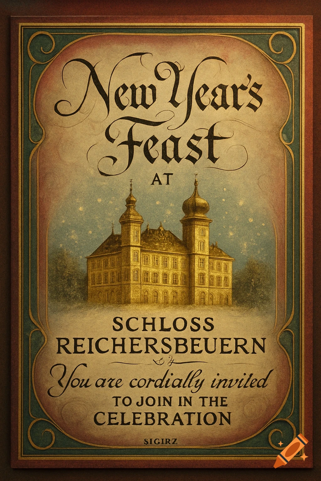 Vintage invitation card for a New Year's Feast at a golden Schloss Reichersbeuern under a snowy sky.