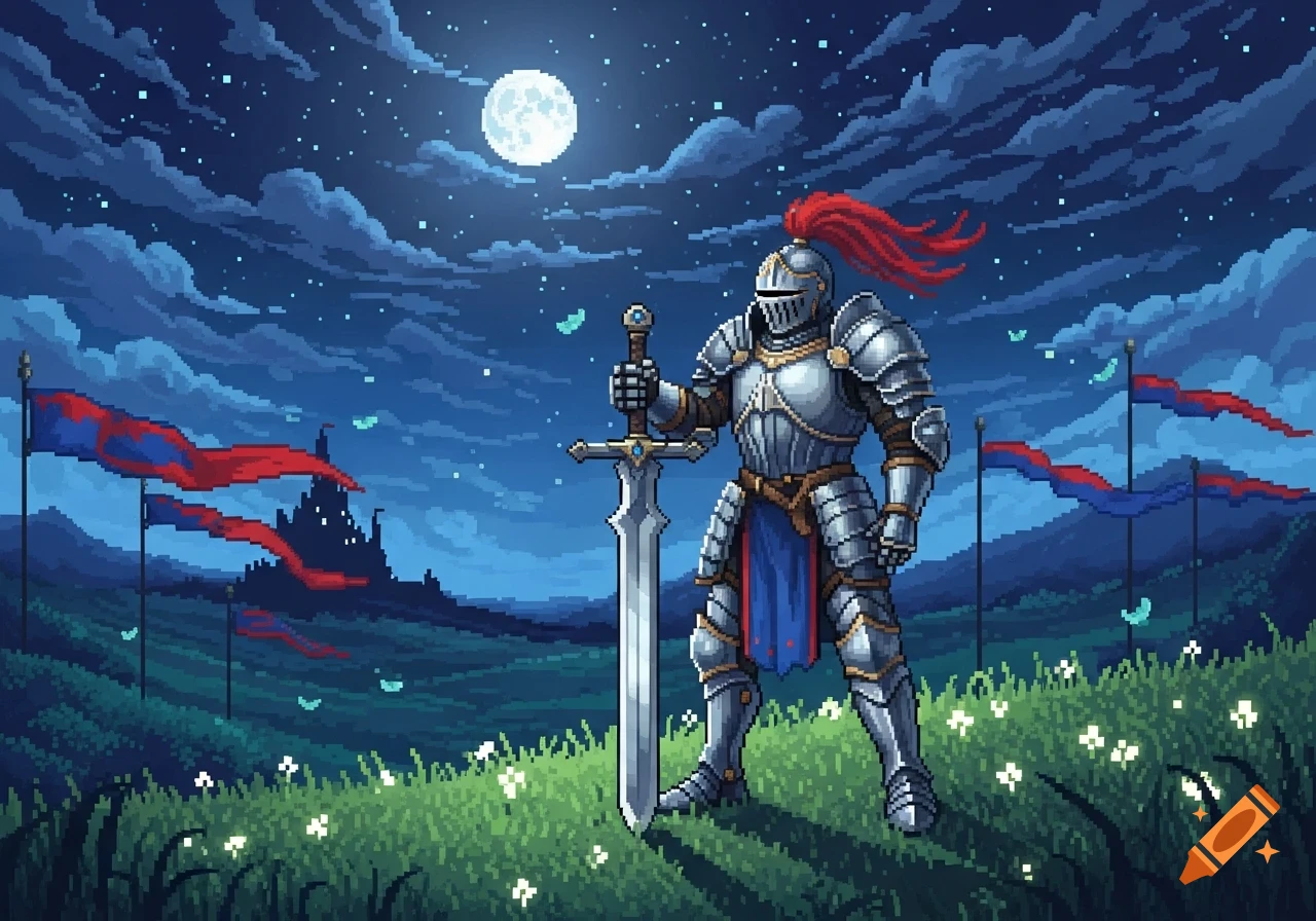 Pixel art of a knight in full armor holding a sword, standing in a grassy field under a full moon, with a distant castle and flags.