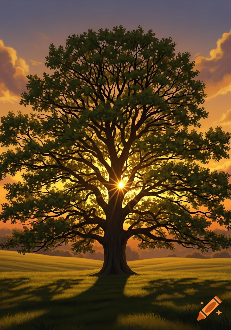 A stylized oak tree silhouetted against a vibrant orange and yellow sunset, with the sun shining brightly through its branches and casting long shadows on a grassy field.