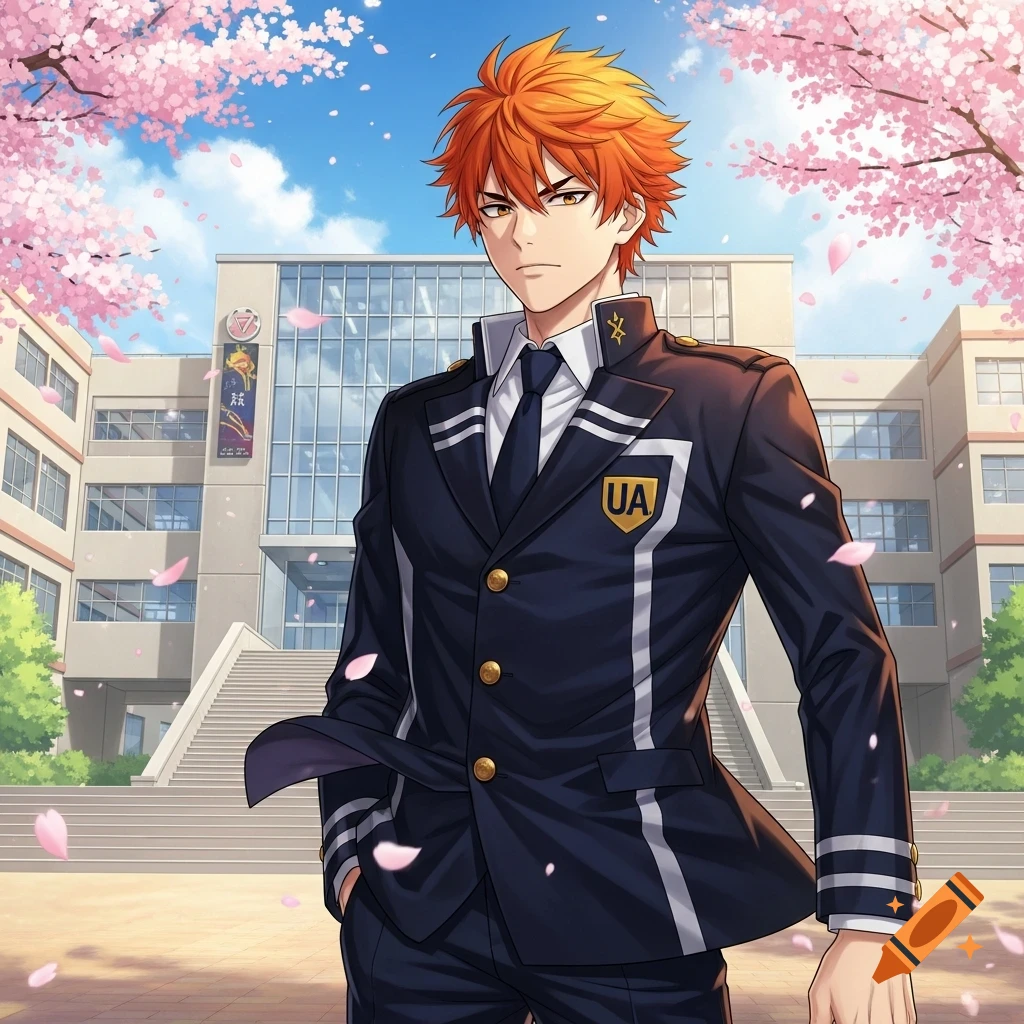 An anime boy with spiky orange hair in a dark blue UA school uniform stands outside a school building with cherry blossoms.