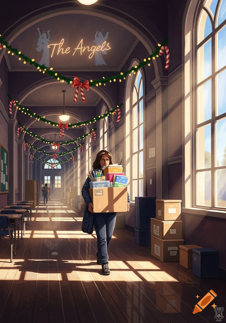 A woman walks down a sunlit school hallway, decorated with Christmas garlands, carrying a box filled with school supplies.