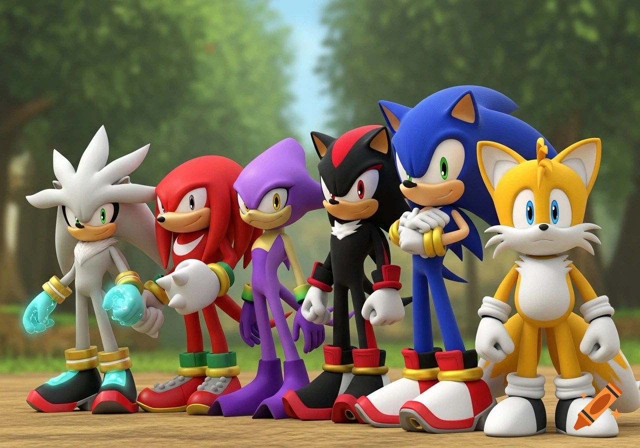 The Sonic the Hedgehog characters Silver, Knuckles, Espio, Shadow, Sonic, and Tails stand in a line outdoors.