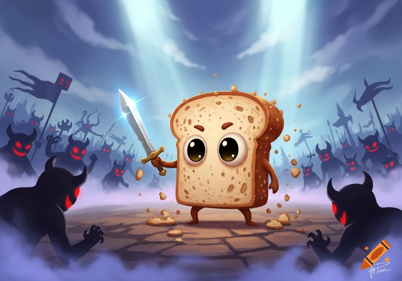 A brave cartoon slice of bread with big eyes holds a glowing sword, confronting an army of shadowy demons with red glowing eyes in a dramatic fantasy scene.