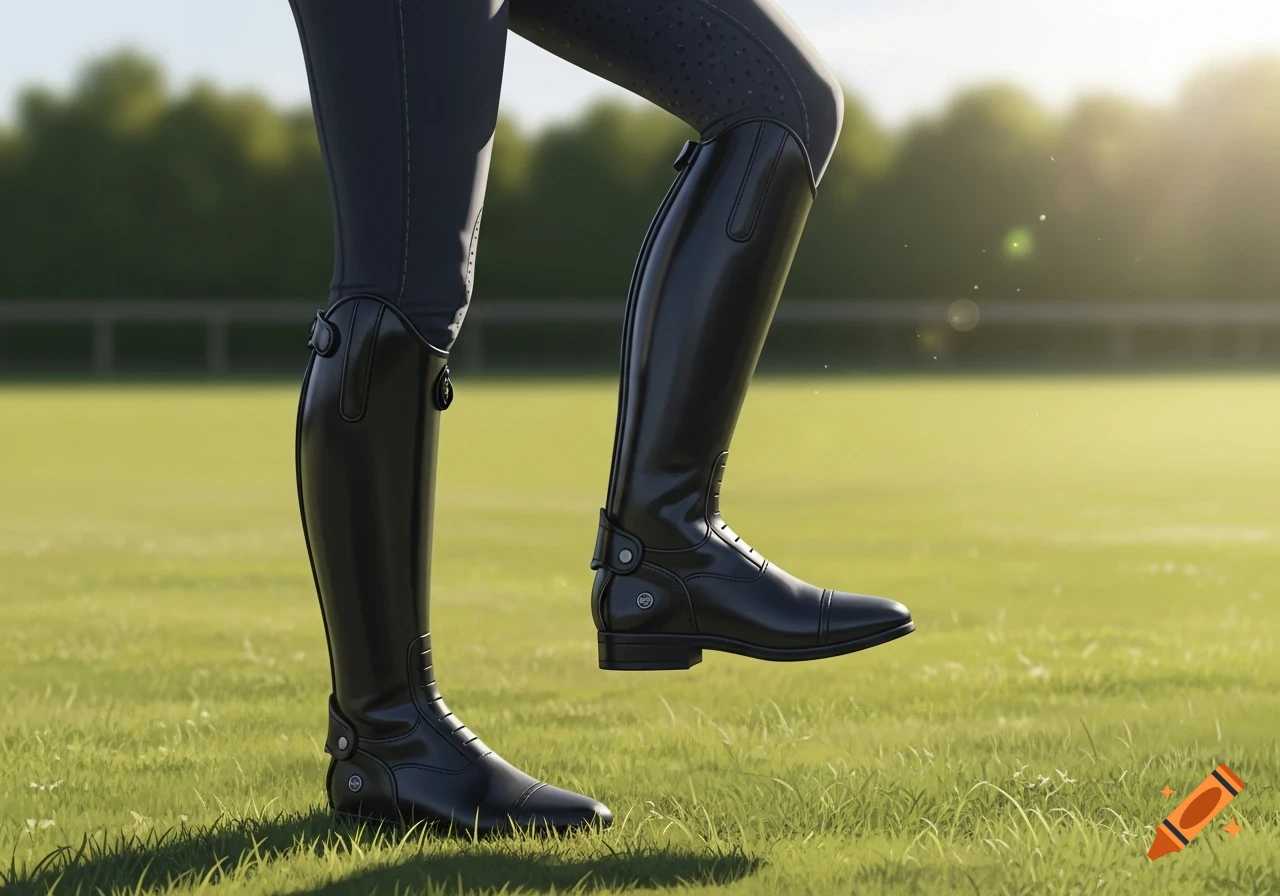 Close-up of a person wearing black riding boots and dark riding pants standing on green grass in sunlight.
