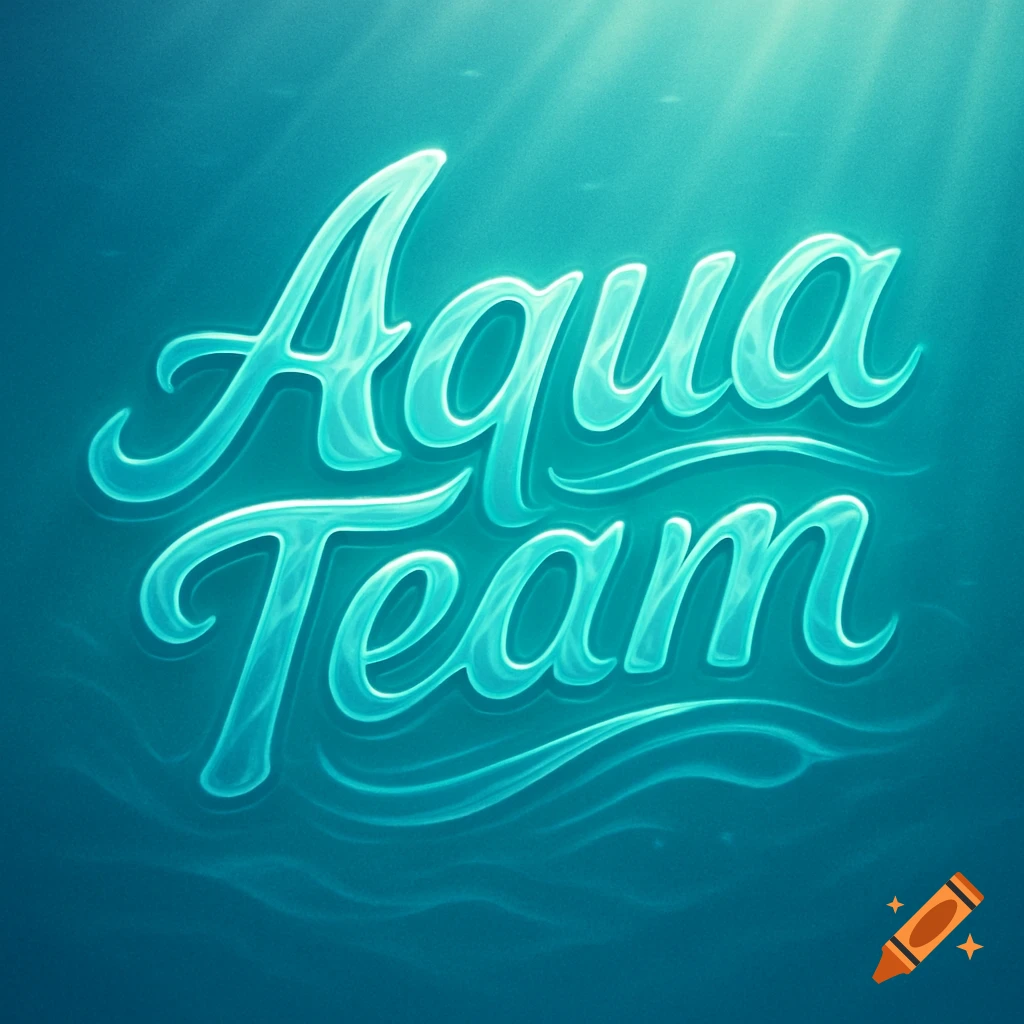 Glowing aqua 'Aqua Team' text in an underwater scene with light rays.