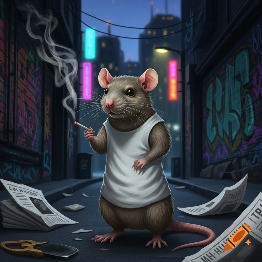 An anthropomorphic rat wearing a white sleeveless shirt stands in a neon-lit alley at night, holding a smoking cigarette.