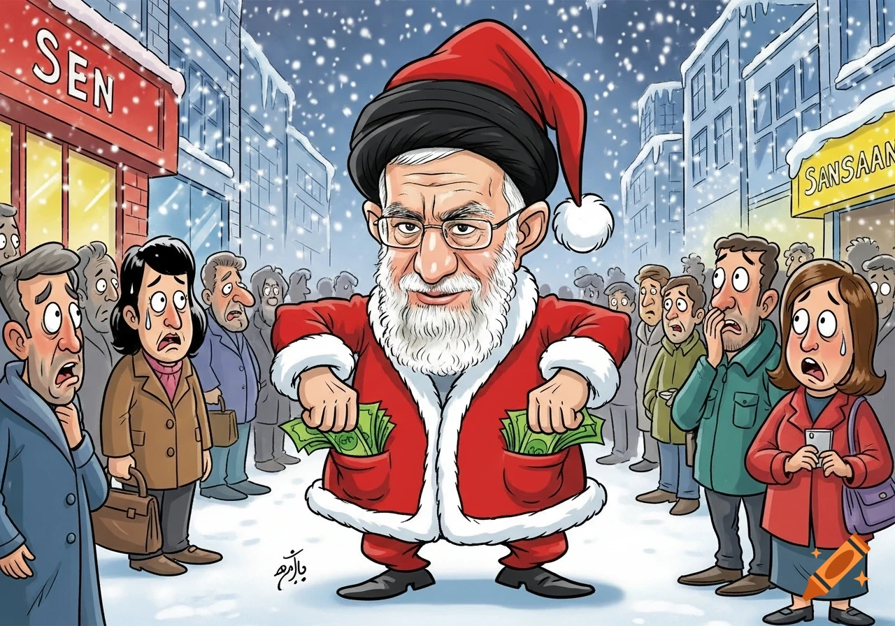 A political cartoon depicts Khamenei dressed as Santa Claus, holding bundles of cash in a snowy street with sad, surprised people watching.