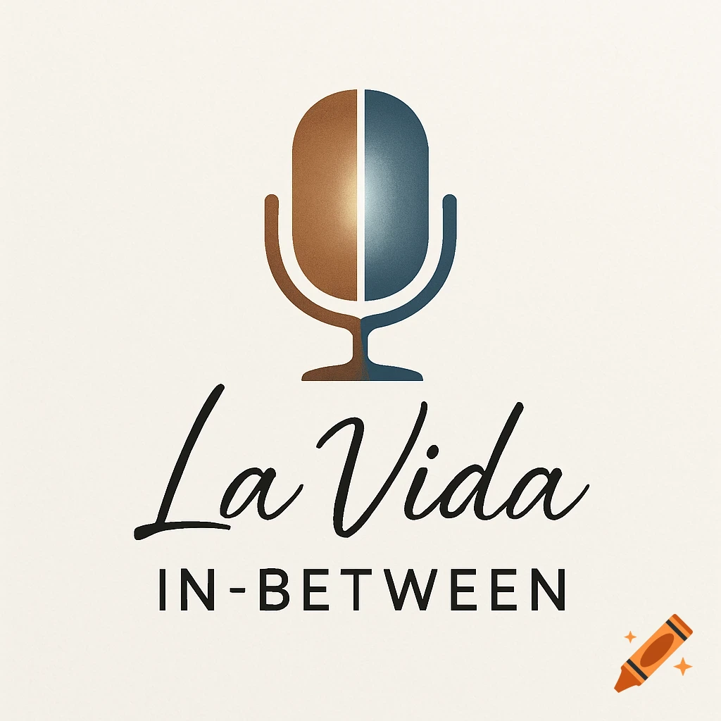 Sleek, professional podcast logo with a minimalist microphone icon split into matte warm and glossy cool tones. Text reads 'La Vida IN-BETWEEN'.