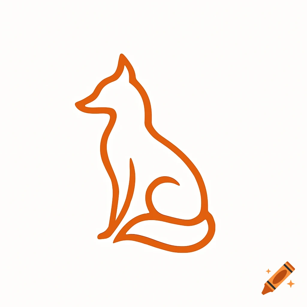 An elegant, minimalist orange outline of a sitting fox on a white background.