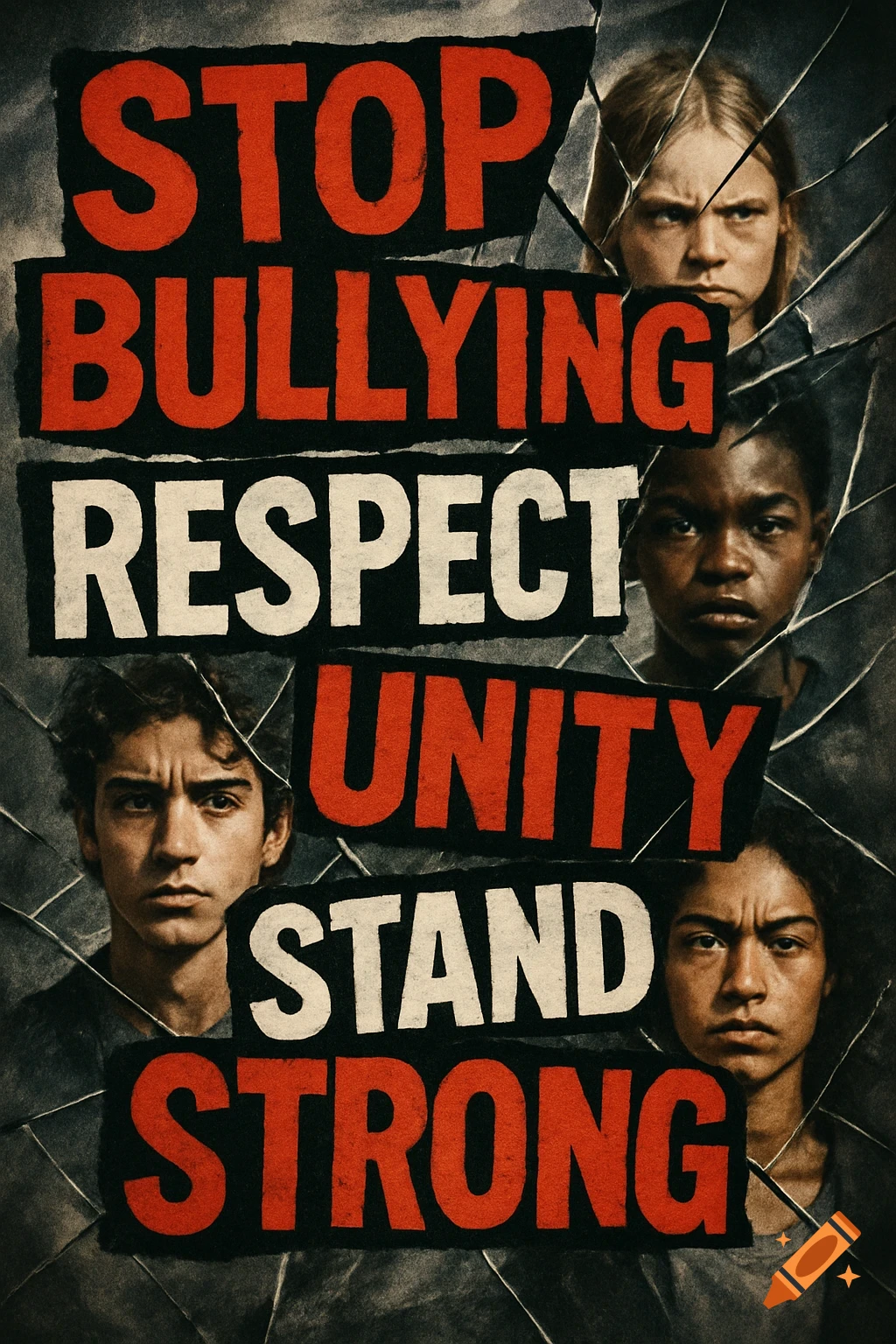 A gritty poster with 'STOP BULLYING RESPECT UNITY STAND STRONG' and diverse children's faces behind shattered glass.