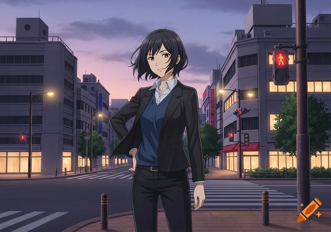 Anime girl with short dark hair in a suit stands on a city street at ...