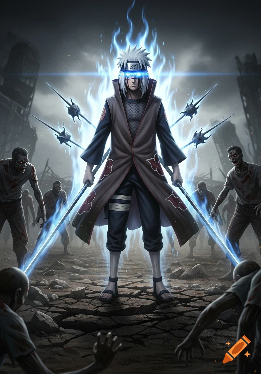 Anime-style warrior with white hair and glowing blue aura holds two energy swords, fighting a horde of zombies in an apocalyptic setting.