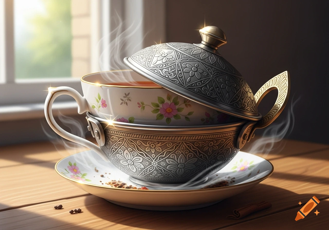 A steaming ornate tea cup with an intricately patterned silver lid, sitting on a saucer on a wooden table near a window.