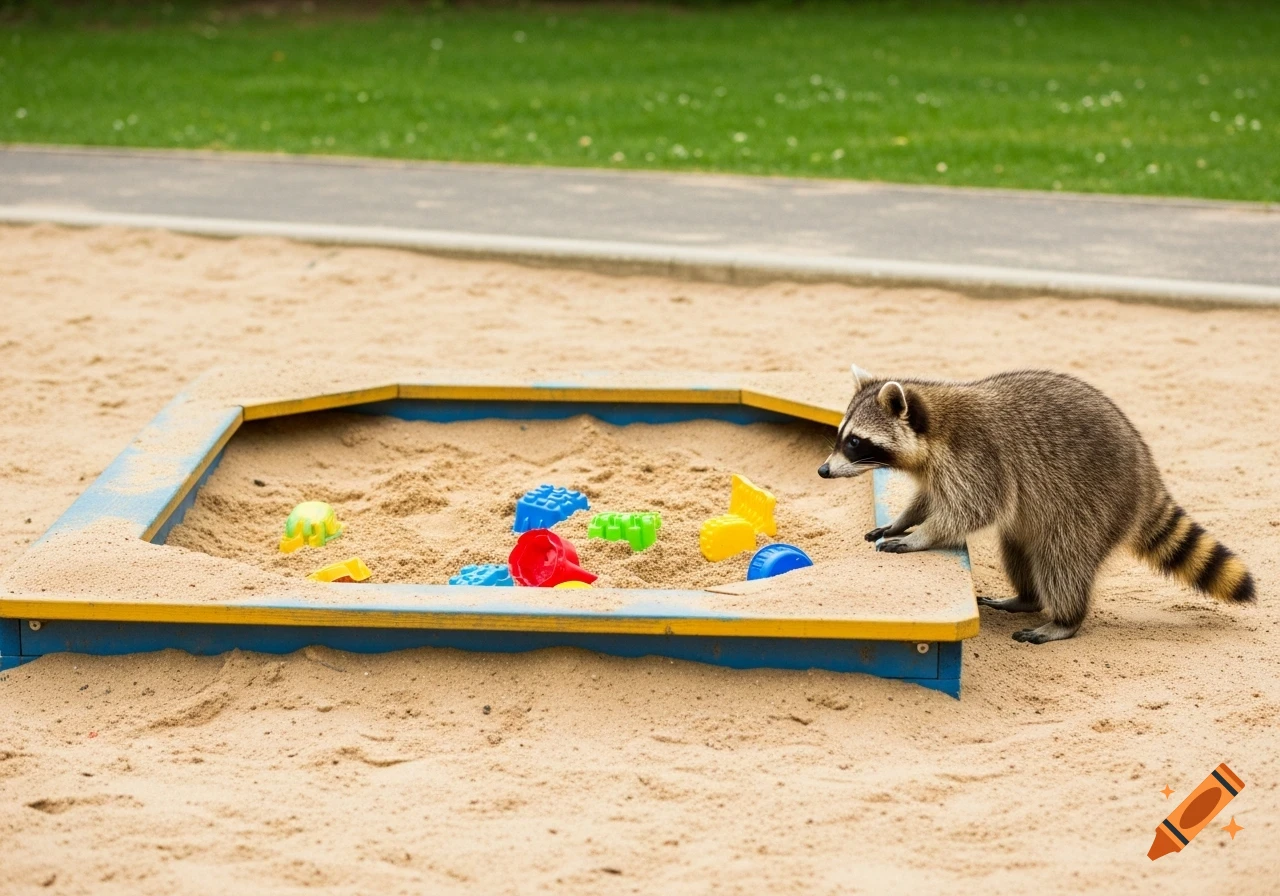 A realistic photo of a raccoon standing next to a children's sandbox filled with colorful plastic toys.