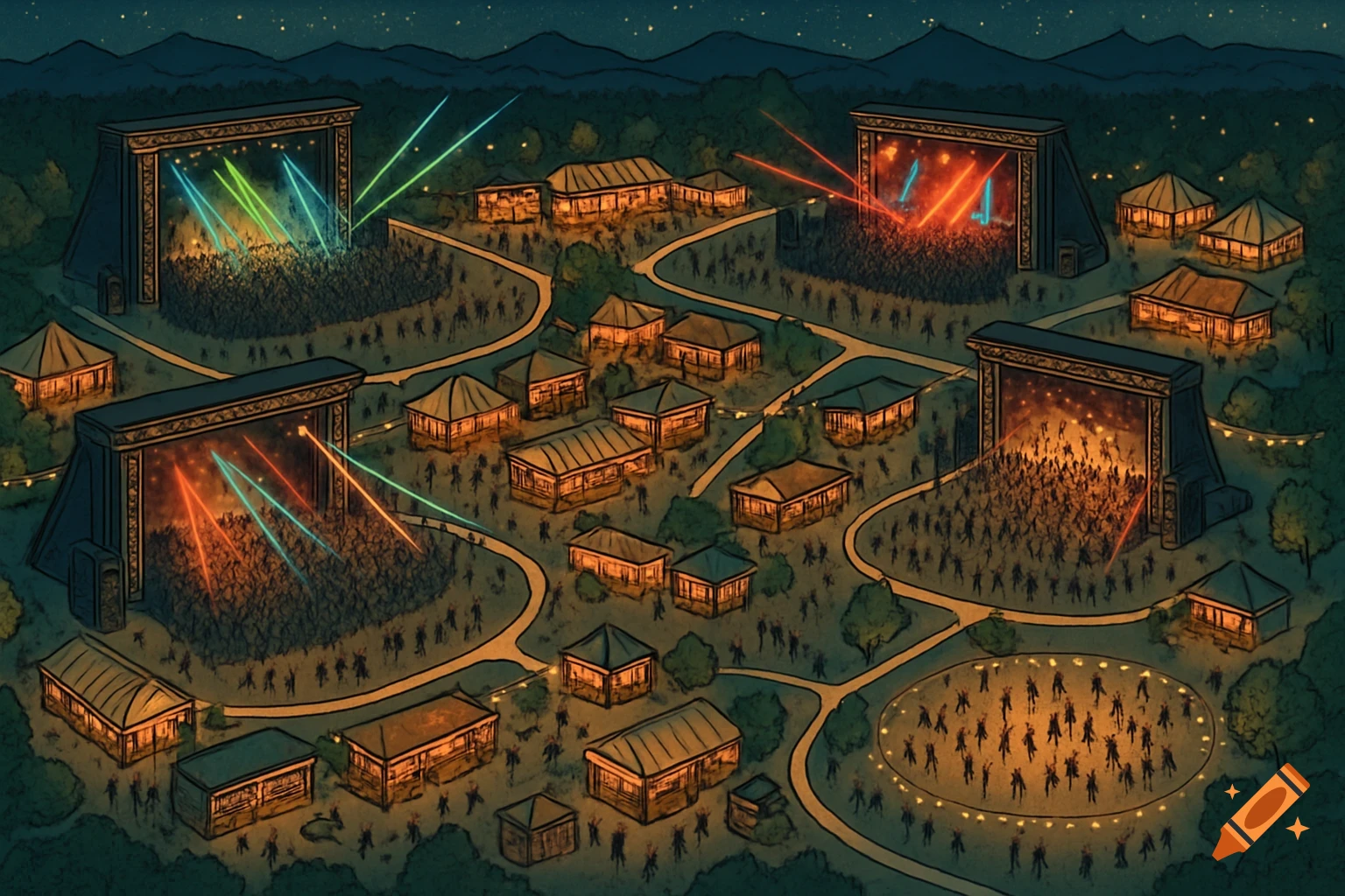 Overhead illustration of a bustling music festival at night, featuring multiple stages with colorful laser lights, pathways, tents, and large crowds of people under a starry sky.