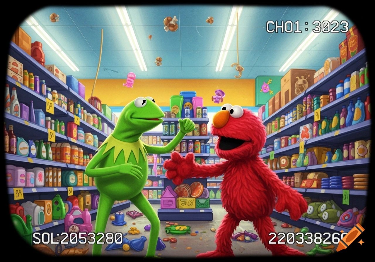 Security camera footage shows Kermit the Frog and Elmo in a grocery store, facing each other with raised hands in a confrontation.
