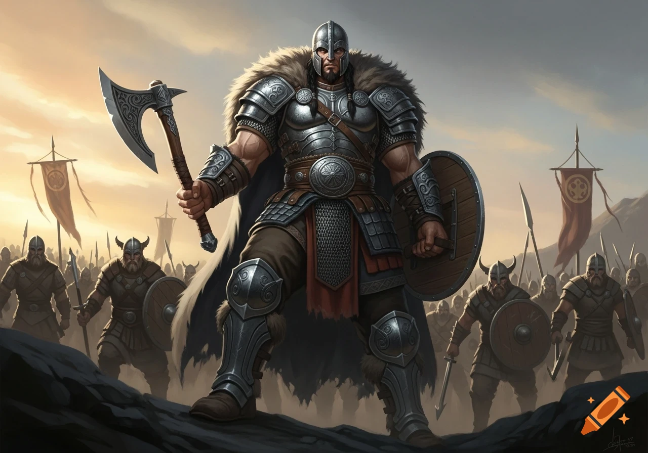 A powerful Viking warrior in full armor, holding an axe and shield, leads an army of other Vikings under a golden sky.