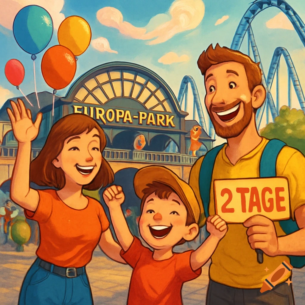 Happy cartoon family at Europa-Park entrance with balloons, father holds a '2 TAGE' sign.