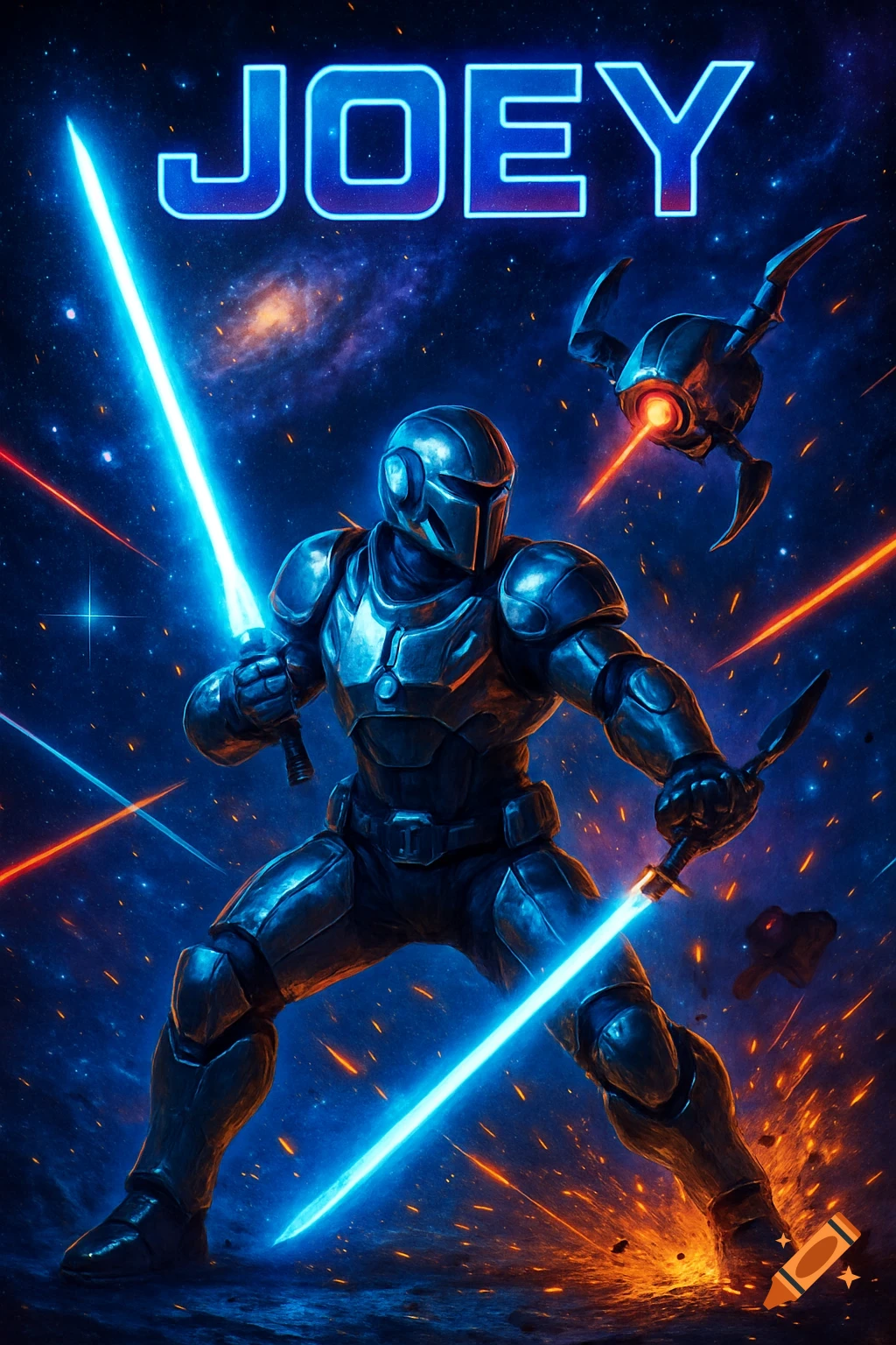 Armored warrior with two glowing blue light swords battles a drone amidst laser fire in a cosmic space scene, with "JOEY" at the top.
