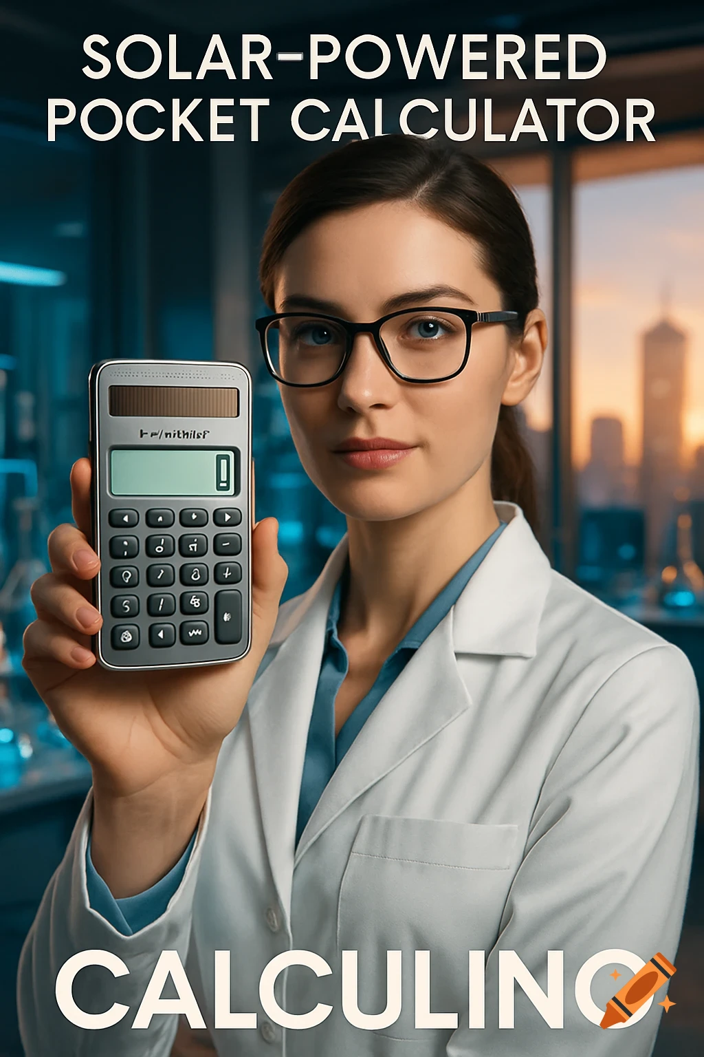 Photorealistic image of a young female scientist in a lab coat holding a solar-powered pocket calculator. Text reads: 'SOLAR-POWERED POCKET CALCULATOR' and 'CALCULINO'.