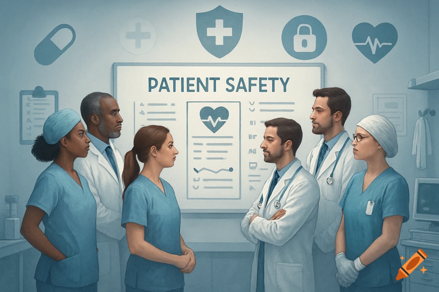 A diverse team of six healthcare professionals in scrubs and lab coats stand in a medical setting with a whiteboard displaying "PATIENT SAFETY" and various medical icons.