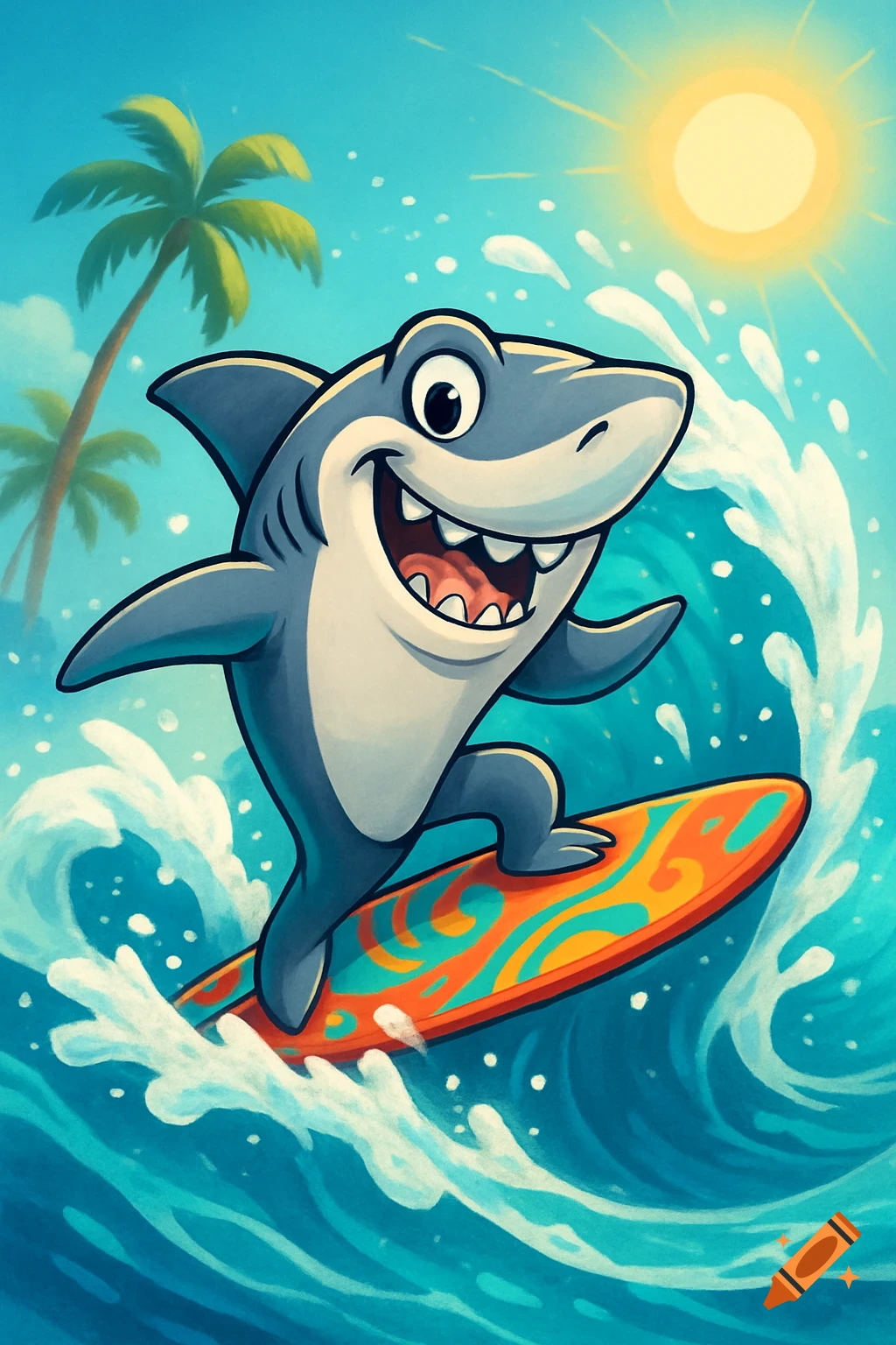 Happy cartoon shark surfing a wave under a sunny sky with palm trees in the background.