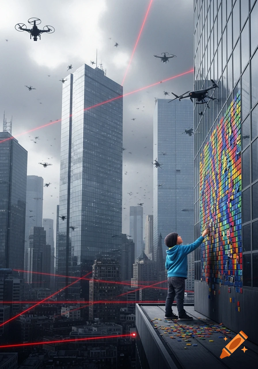 A child on a rooftop attaches colorful tiles to a skyscraper in a futuristic, surveilled city with many drones and red laser beams.