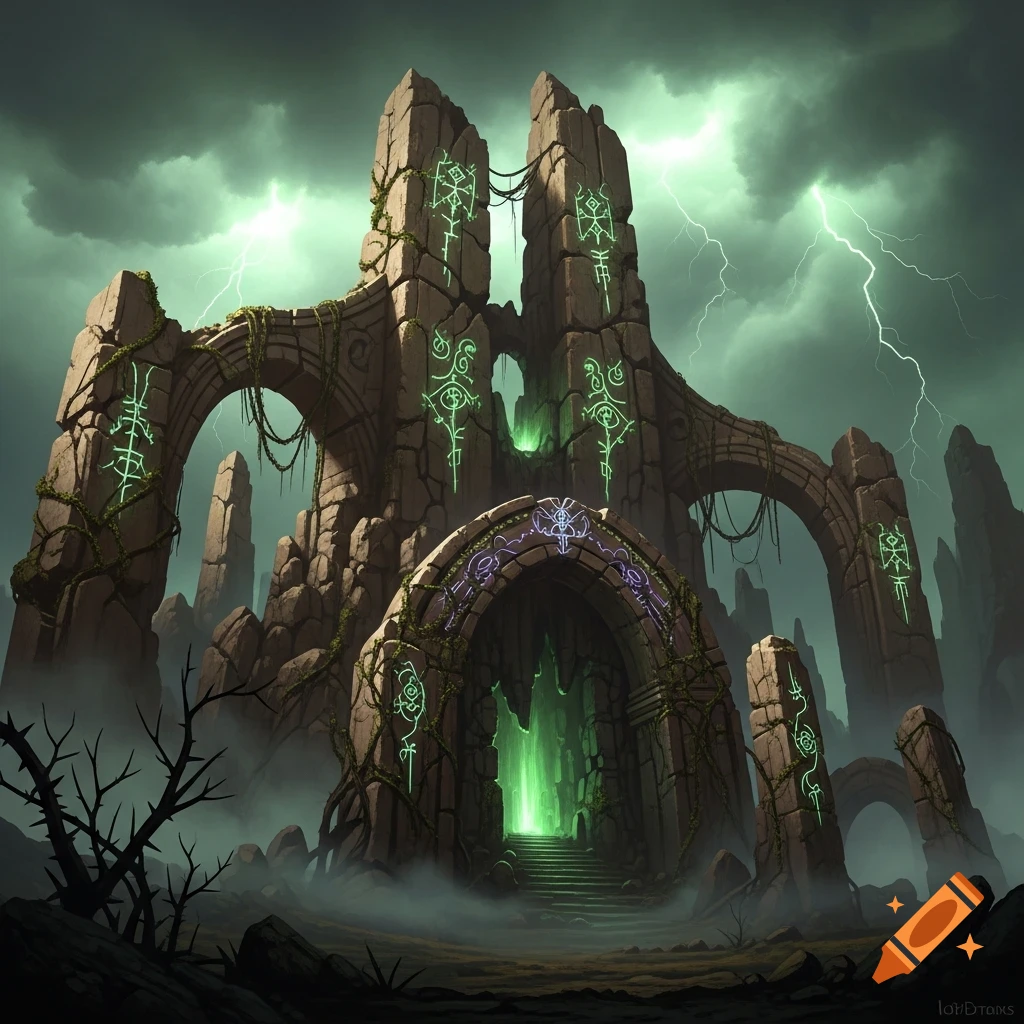 Ancient, dark fantasy ruins with glowing green symbols and mystical ...