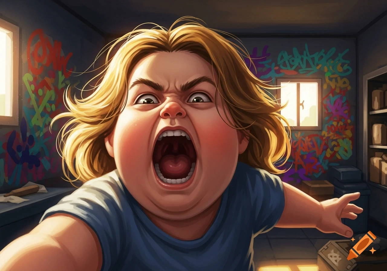 A cartoonish, angry child with blonde hair screams directly at the viewer in a room covered in colorful graffiti.