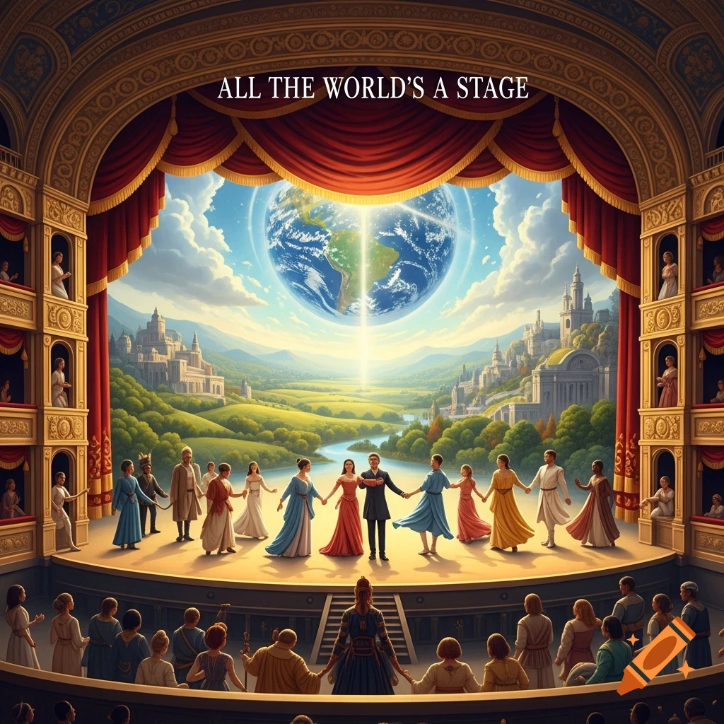A theatrical stage with people holding hands, a giant Earth in the background, and an audience. Text reads "ALL THE WORLD'S A STAGE".