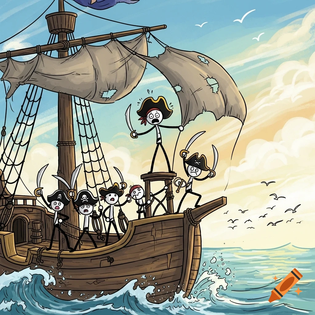 Cartoon illustration of stick figure pirates with swords on a wooden sailing ship at sea under a cloudy sky.