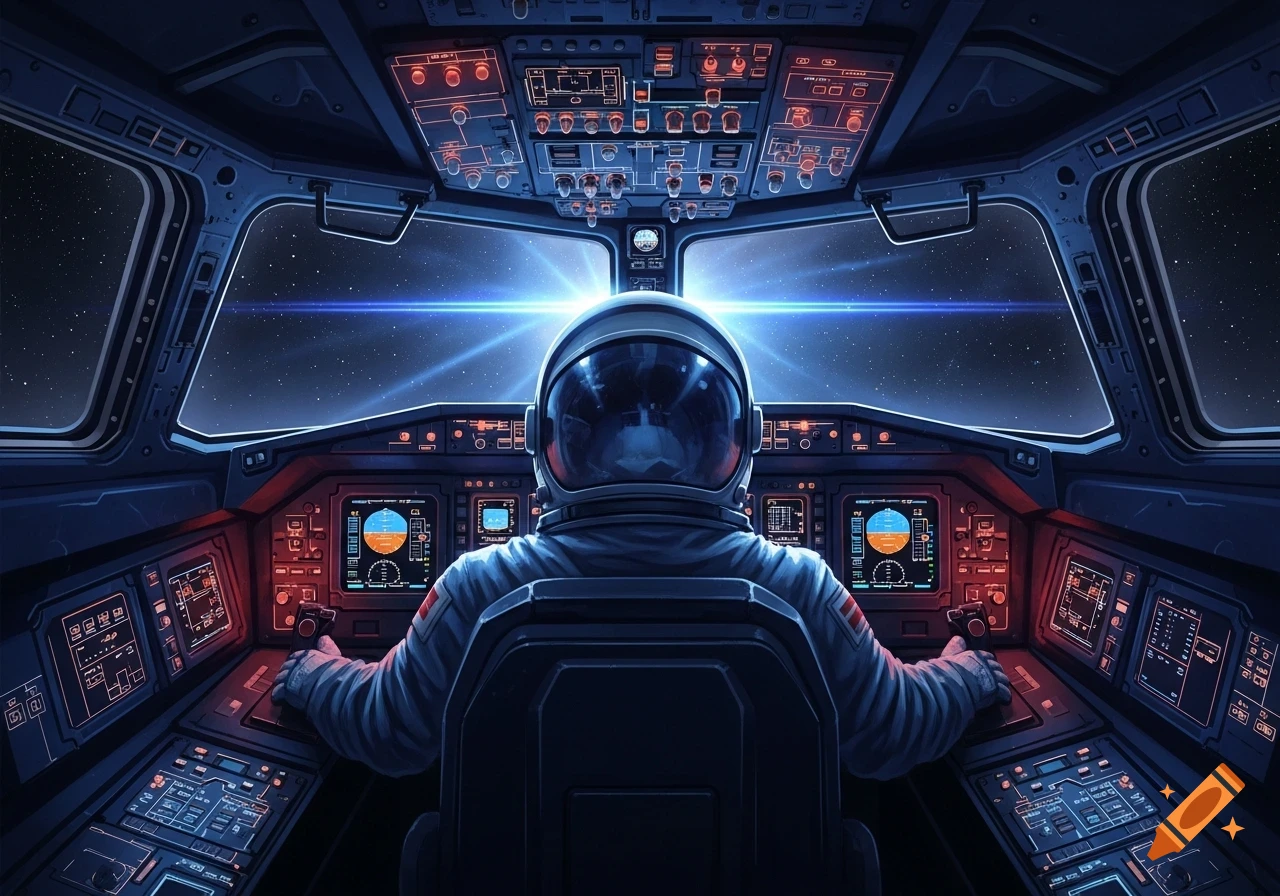 Astronaut views stars from a futuristic space shuttle cockpit, filled with glowing screens and controls.