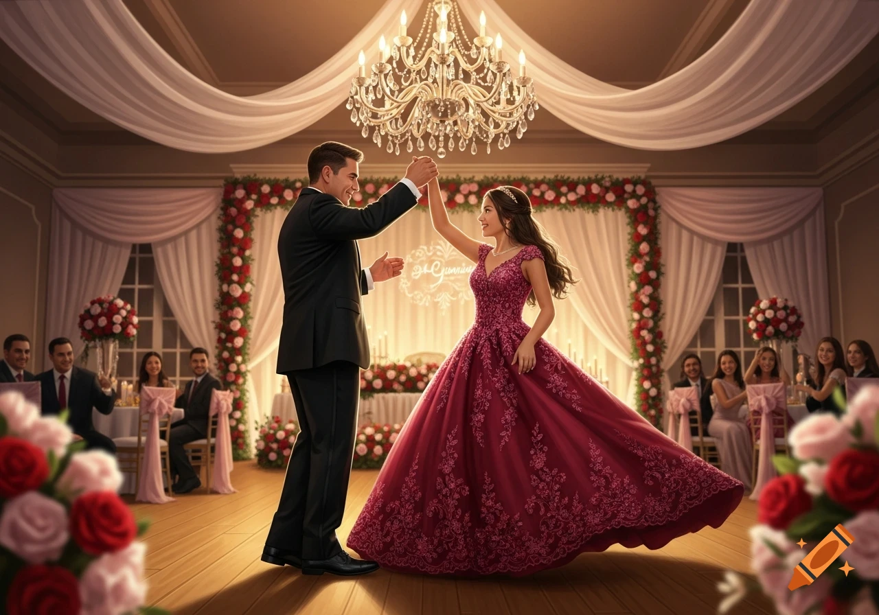 A man and a woman in formal wear dance in an elegant ballroom decorated with red and pink flowers, with guests seated at tables.