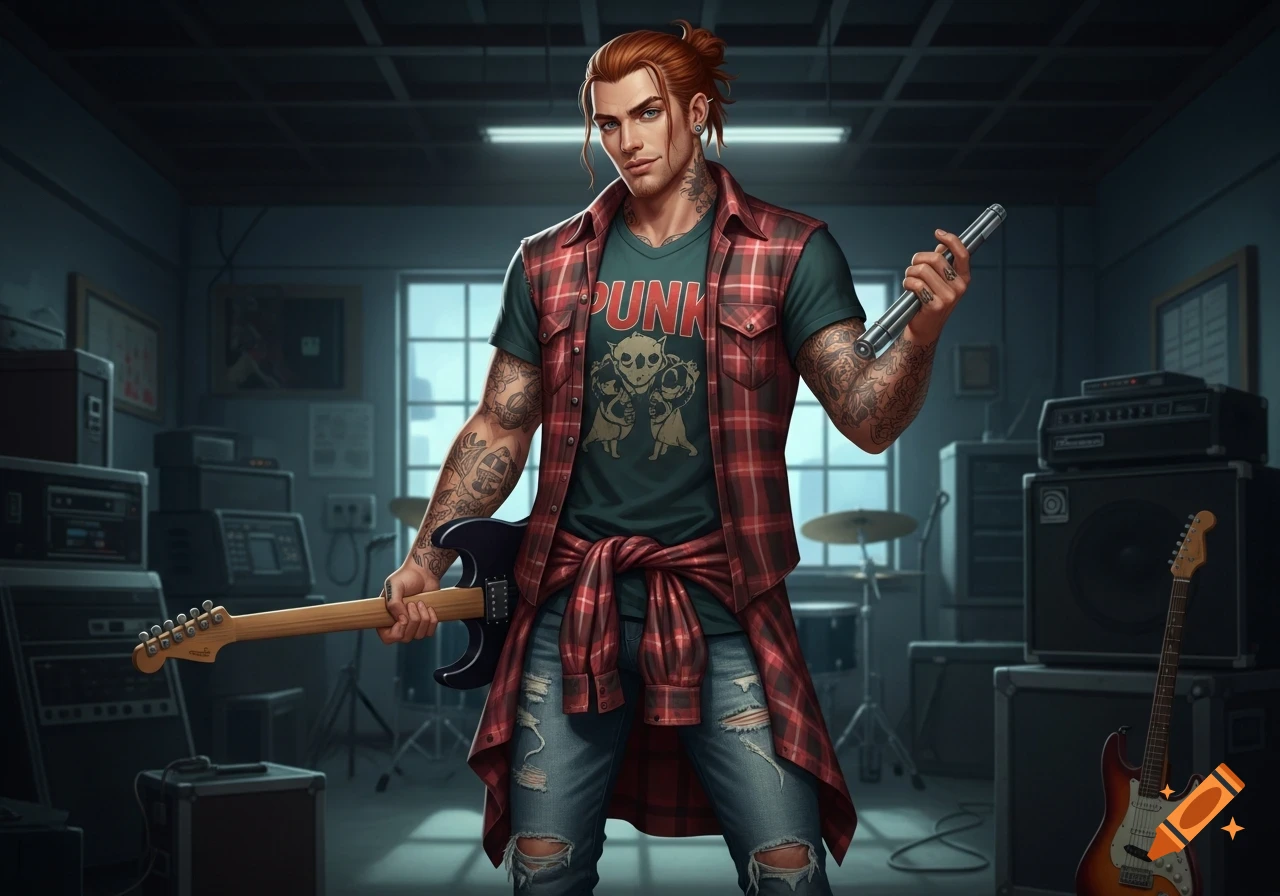 A muscular man with a man bun and tattoos, dressed in a punk t-shirt, plaid shirt, and ripped jeans, holds an electric guitar in a music studio.