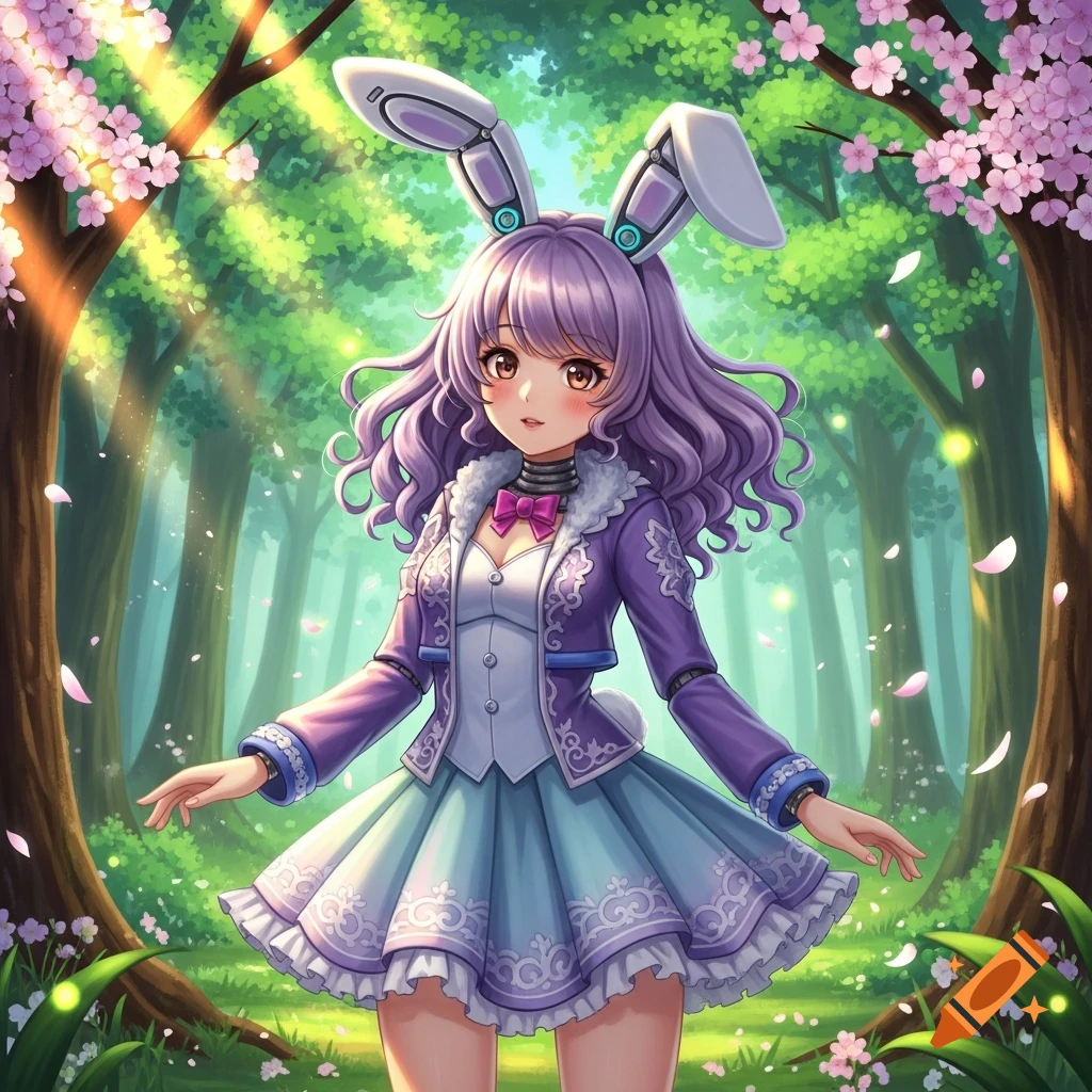 A cute anime girl with purple hair and mechanical bunny ears stands in ...