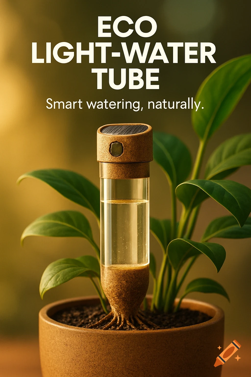 A close-up of an Eco Light-Water Tube, a smart plant watering system, planted in a pot with a lush green plant. The transparent tube shows water inside, and the base has roots extending into the soil. Text reads "ECO LIGHT-WATER TUBE Smart watering, naturally."