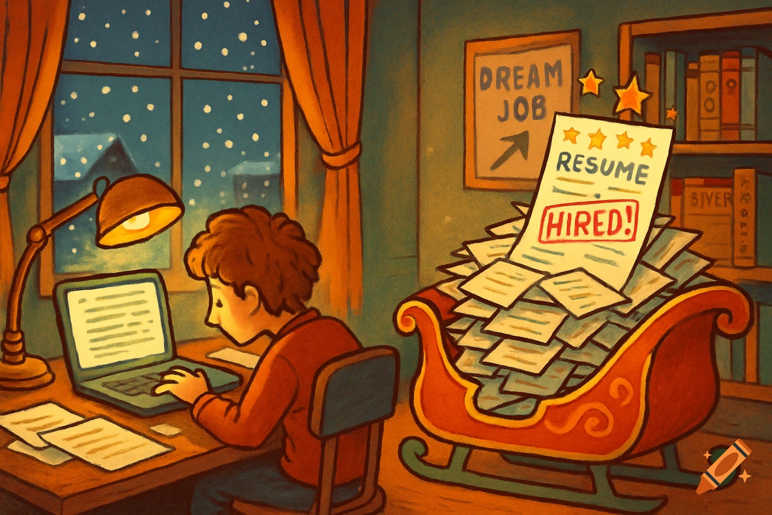 A student in a warm room studies at a laptop on a snowy night, next to a sleigh overflowing with resumes, one stamped "HIRED!"