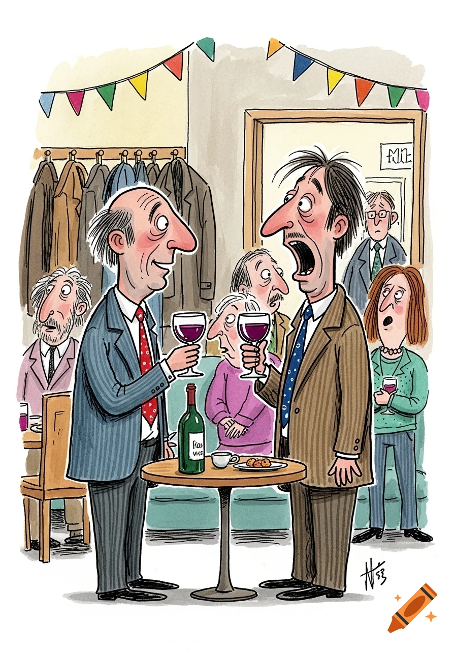 A Quentin Blake-style illustration shows two men talking, one yawning, at a social gathering with wine.