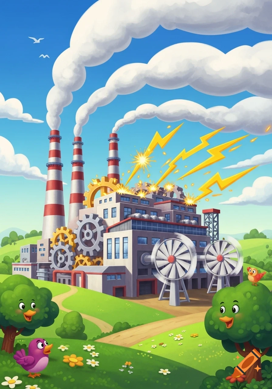 Vibrant cartoon illustration of a power plant with smoking chimneys, lightning, and gears, set in a green landscape with smiling trees and birds.