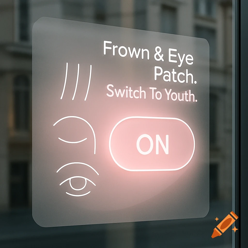 Minimalist window decal for a cosmetic product with glowing text 'Frown & Eye Patch. Switch To Youth.' and an 'ON' button, against a blurred building background.
