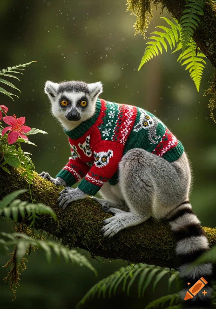 A photorealistic ring-tailed lemur wearing a red and green Christmas sweater with lemur and snowflake patterns, sitting on a mossy branch in a lush forest.